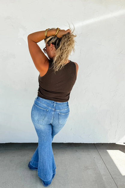 Blakeley "Romi" Medium Wash Tummy Control Panel Western Flare Jeans — Non-Distressed with Raw Shadow Hem (Size 9 and 13 available)