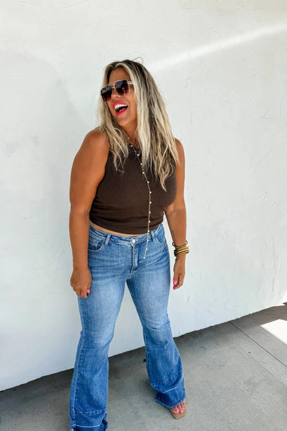 Blakeley "Romi" Medium Wash Tummy Control Panel Western Flare Jeans — Non-Distressed with Raw Shadow Hem (Size 9 and 13 available)