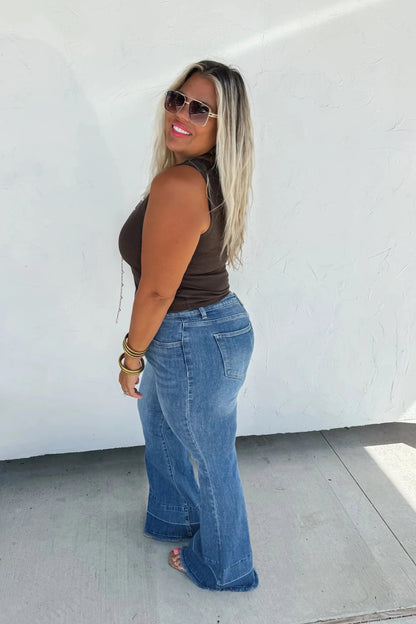 Blakeley "Romi" Medium Wash Tummy Control Panel Western Flare Jeans — Non-Distressed with Raw Shadow Hem (Size 9 and 13 available)
