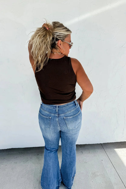 Blakeley "Romi" Medium Wash Tummy Control Panel Western Flare Jeans — Non-Distressed with Raw Shadow Hem (Size 9 and 13 available)