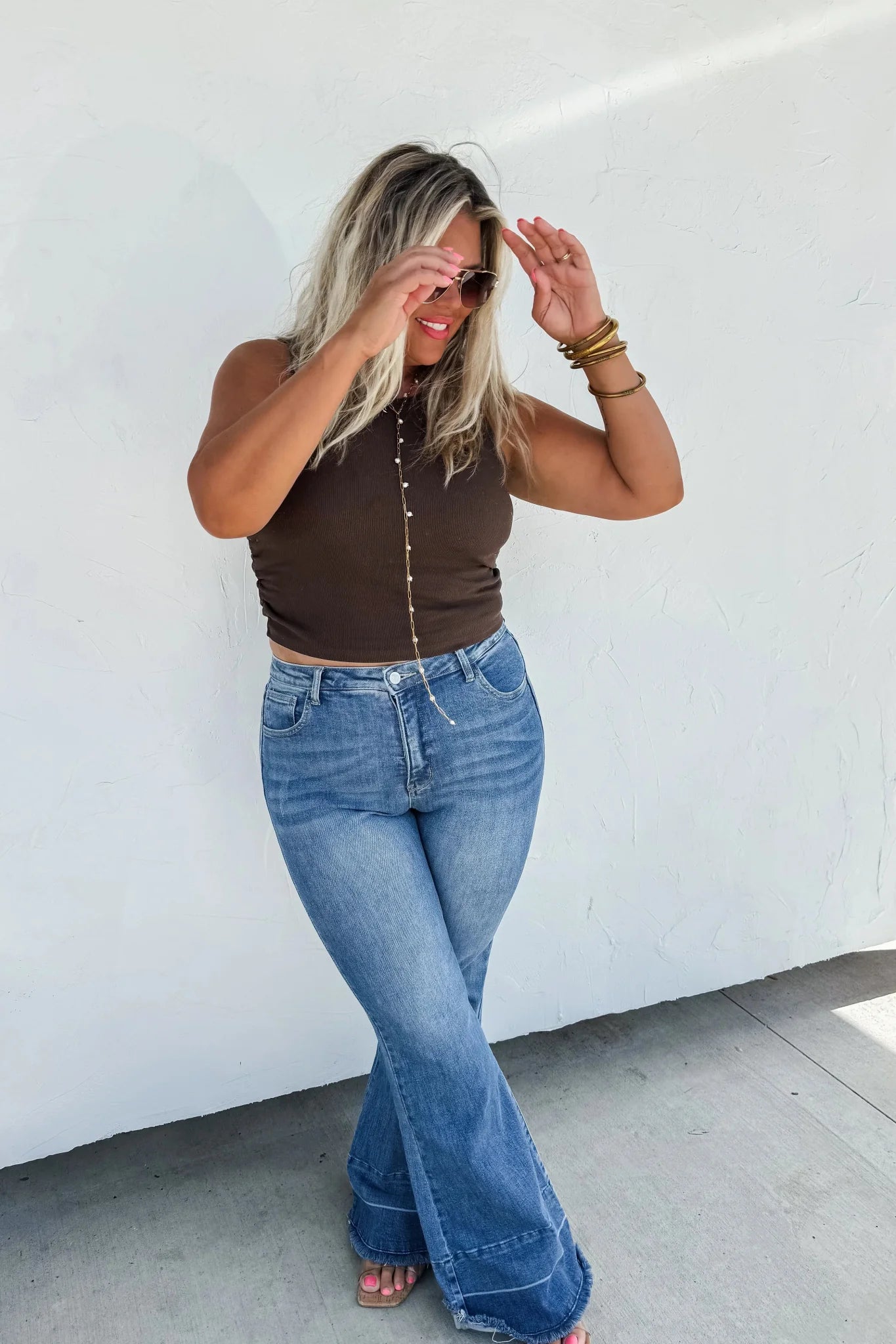 Blakeley "Romi" Medium Wash Tummy Control Panel Western Flare Jeans — Non-Distressed with Raw Shadow Hem (Size 9 and 13 available)
