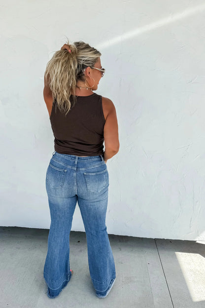 Blakeley "Romi" Medium Wash Tummy Control Panel Western Flare Jeans — Non-Distressed with Raw Shadow Hem (Size 9 and 13 available)