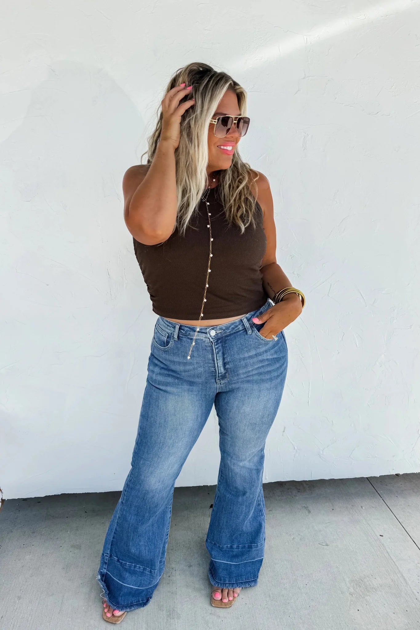 Blakeley "Romi" Medium Wash Tummy Control Panel Western Flare Jeans — Non-Distressed with Raw Shadow Hem (Size 9 and 13 available)