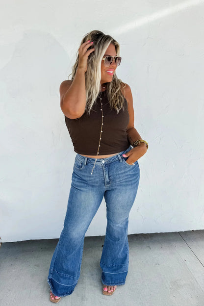 Blakeley "Romi" Medium Wash Tummy Control Panel Western Flare Jeans — Non-Distressed with Raw Shadow Hem (Size 9 and 13 available)