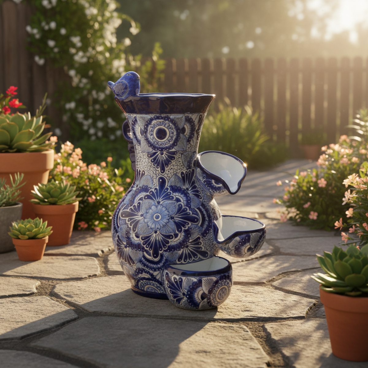 Blue & White Talavera Fountain | Floral Bird Water Feature