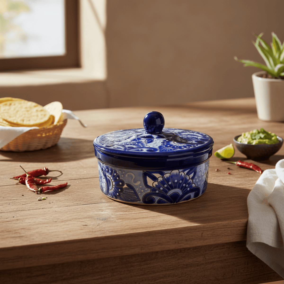 Blue & White Talavera Tortilla Warmer | Handmade Mexican Kitchenware