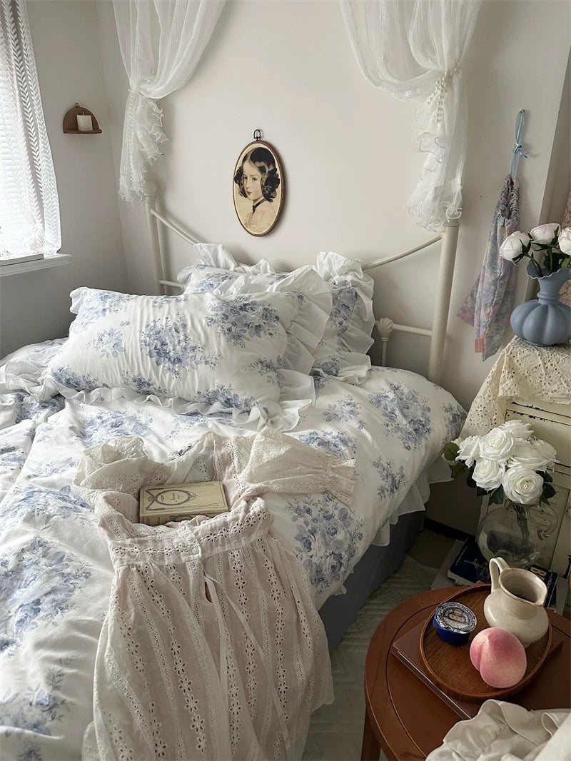 Blue Floral Ruffle Cotton Duvet Cover Set