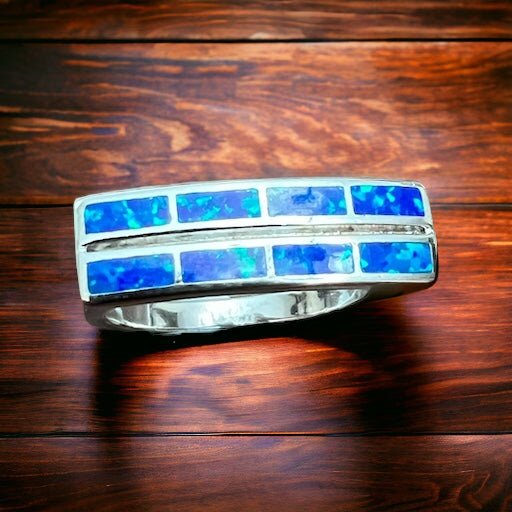 Blue Opalite Inlay Sterling Silver Ring — Size 10 (Native-Style)