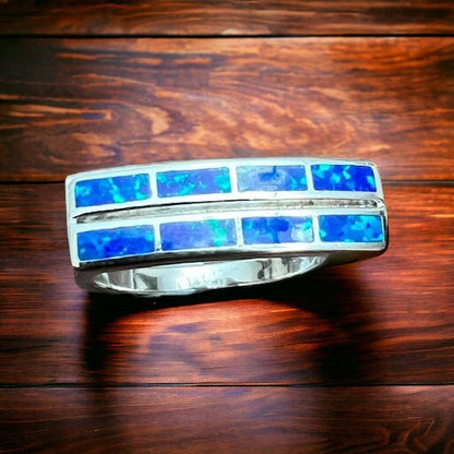 Blue Opalite Inlay Sterling Silver Ring — Size 10 (Native-Style)
