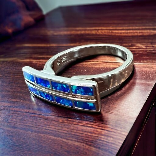 Blue Opalite Inlay Sterling Silver Ring — Size 10 (Native-Style)