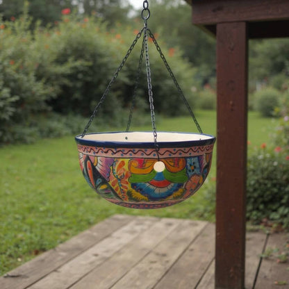 Blue Rim Talavera Hanging Pot | Hand-Painted Ceramic Planter