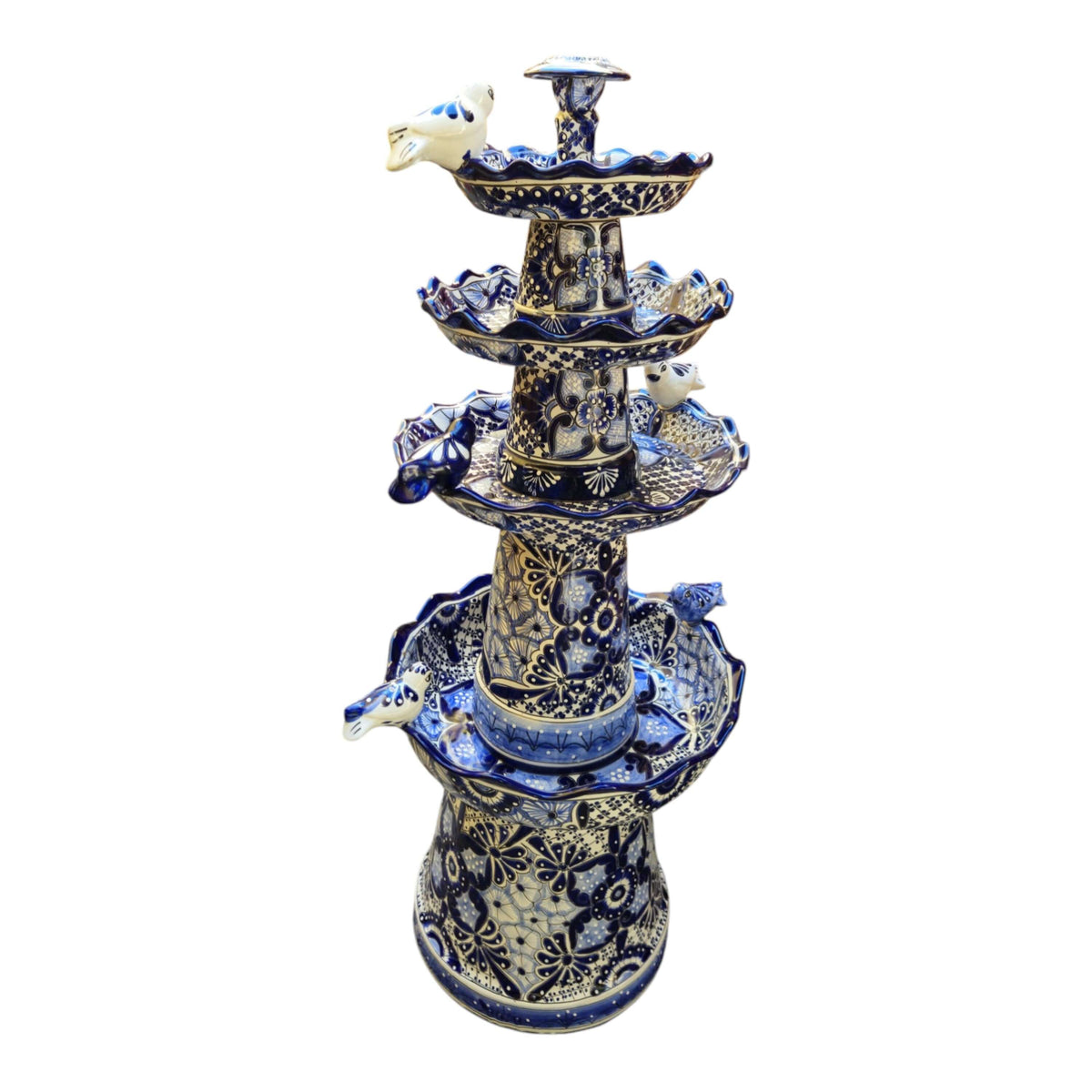 Blue & White Talavera Garden Fountain | Handmade 4-Foot Tiered Art
