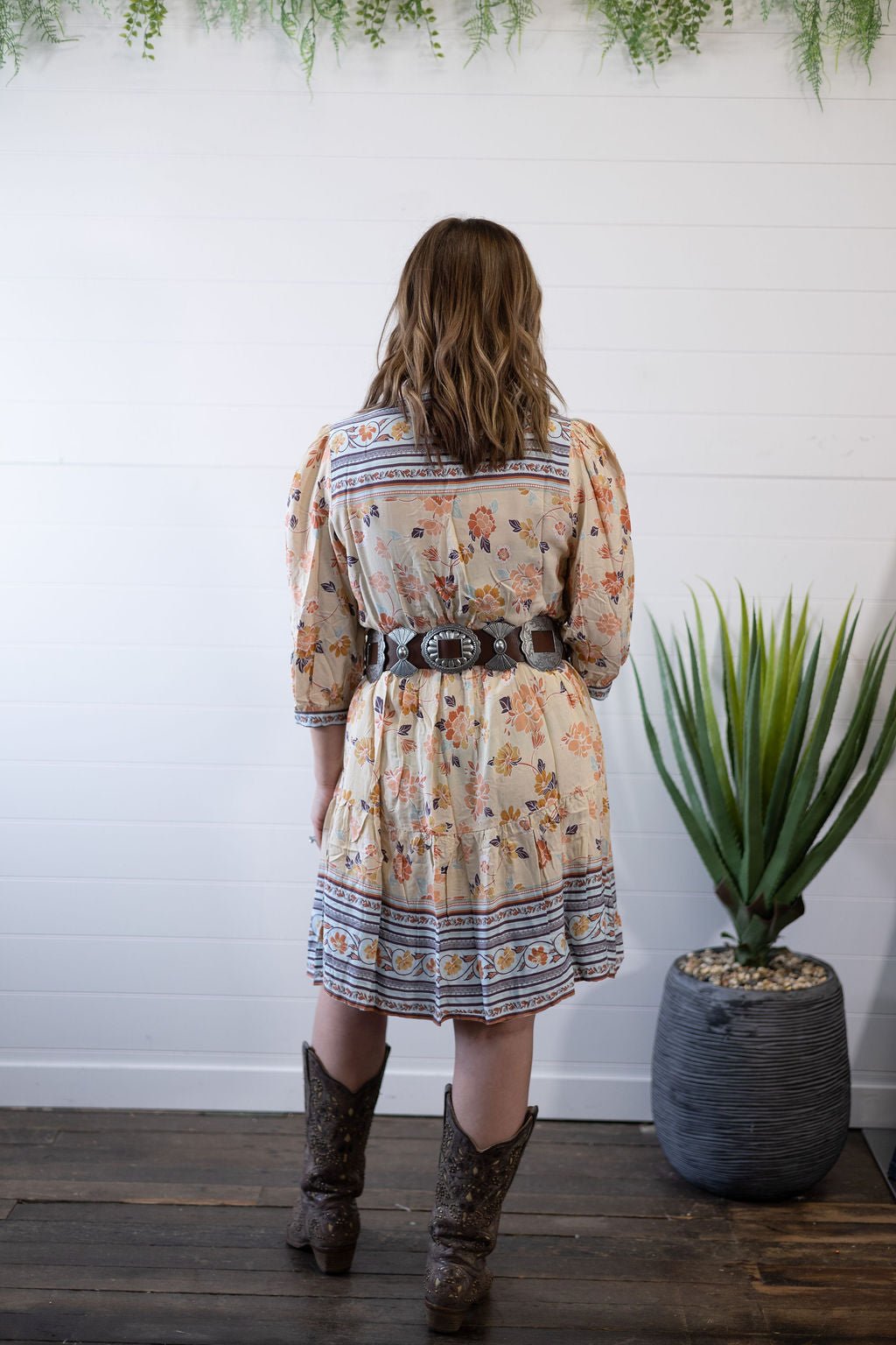 Umgee "Boho" A-Line Western Dress — Prairie Floral Print with 3/4 Balloon Sleeves & Button Placket - small remains