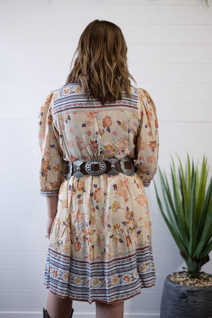 Umgee "Boho" A-Line Western Dress — Prairie Floral Print with 3/4 Balloon Sleeves & Button Placket - small remains