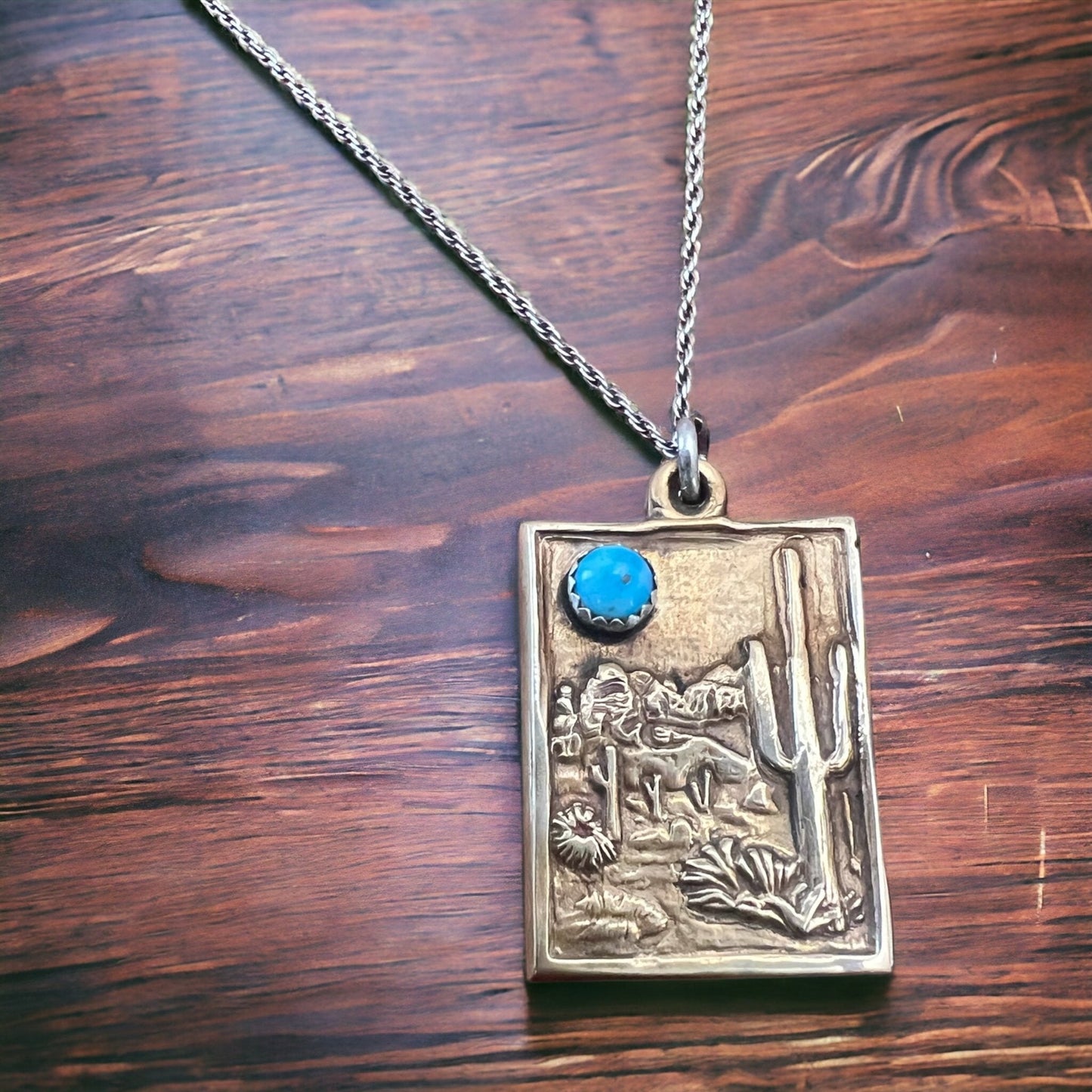 Brass & Sterling Cactus Desert Scenery Pendant with Kingman Turquoise — 18" Sterling Chain Included