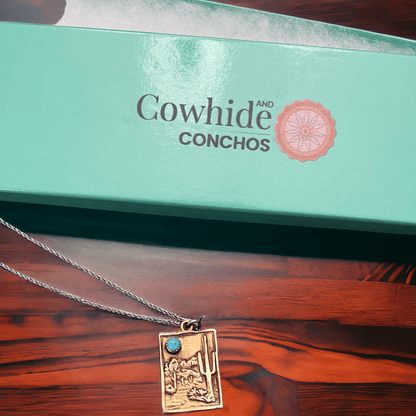 Brass & Sterling Cactus Desert Scenery Pendant with Kingman Turquoise — 18" Sterling Chain Included