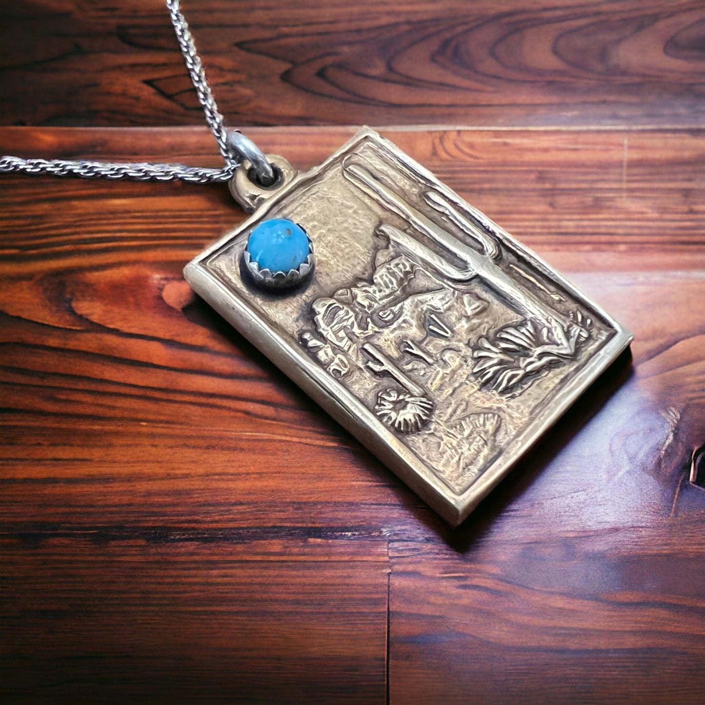 Brass & Sterling Cactus Desert Scenery Pendant with Kingman Turquoise — 18" Sterling Chain Included