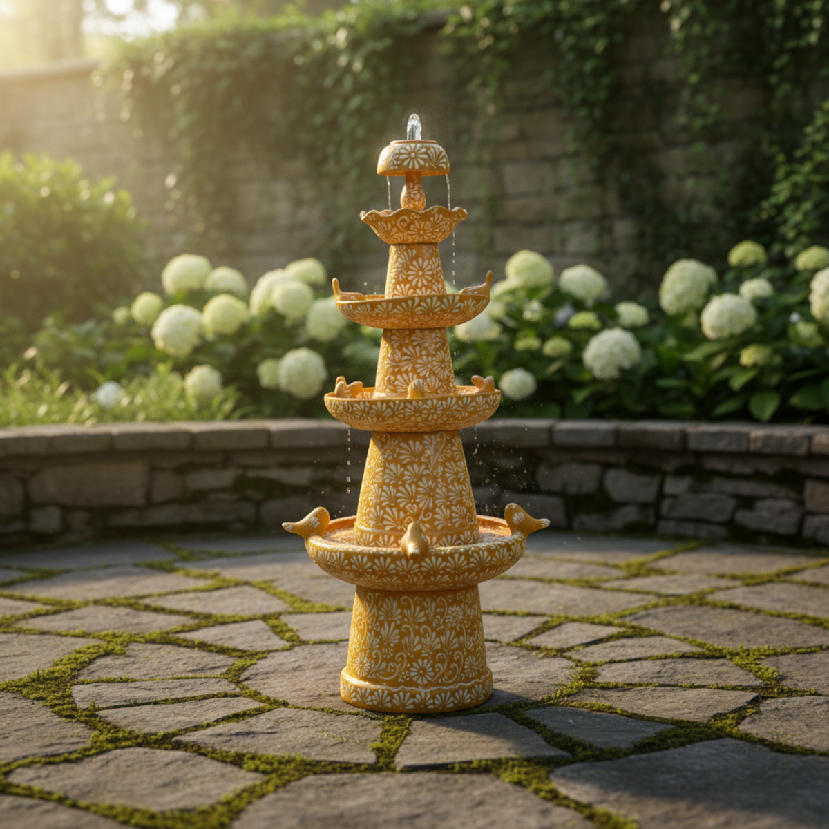 Brown & White Talavera Fountain | Tiered Floral Garden Decor