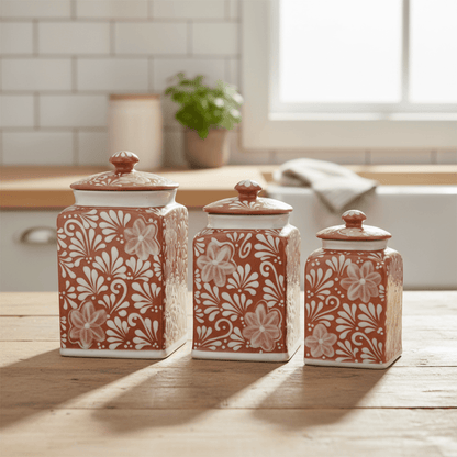 Talavera Canister Set | Brown & White Floral Kitchen Decor