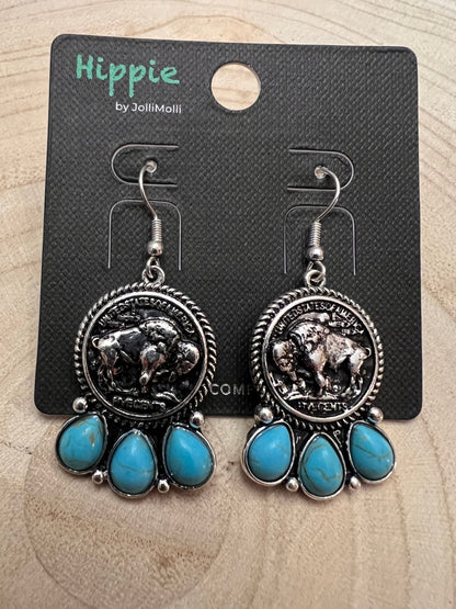Western Buffalo Coin & Faux Turquoise Earrings — Frontier Statement