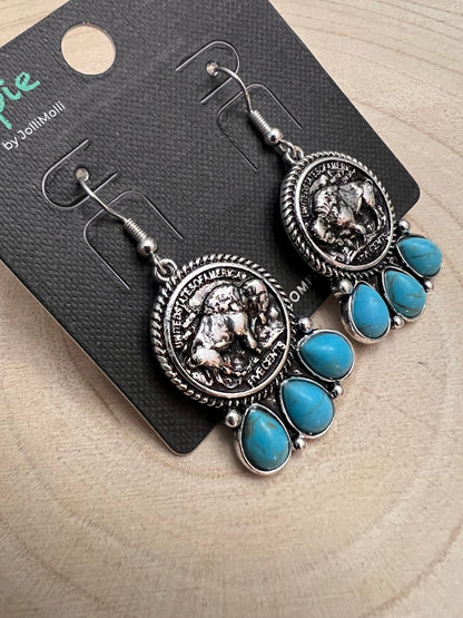 Western Buffalo Coin & Faux Turquoise Earrings — Frontier Statement
