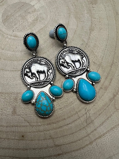 Western Buffalo Coin Cluster Earrings with Faux Turquoise — 2" Oxidized Silver Statement