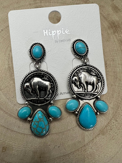 Western Buffalo Coin Cluster Earrings with Faux Turquoise — 2" Oxidized Silver Statement