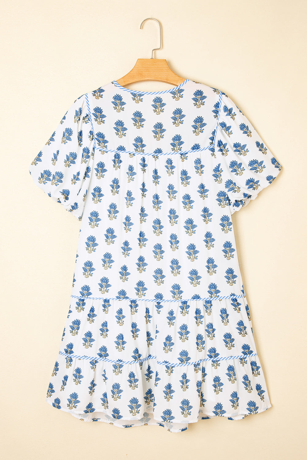 Floral Puff Sleeve Tied Neck Pocketed Mini Dress