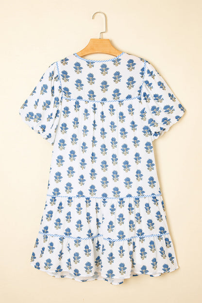 Floral Puff Sleeve Tied Neck Pocketed Mini Dress