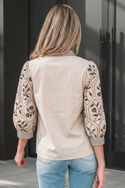 Floral Patchwork Contrast V-Neck Puff Sleeve Blouse