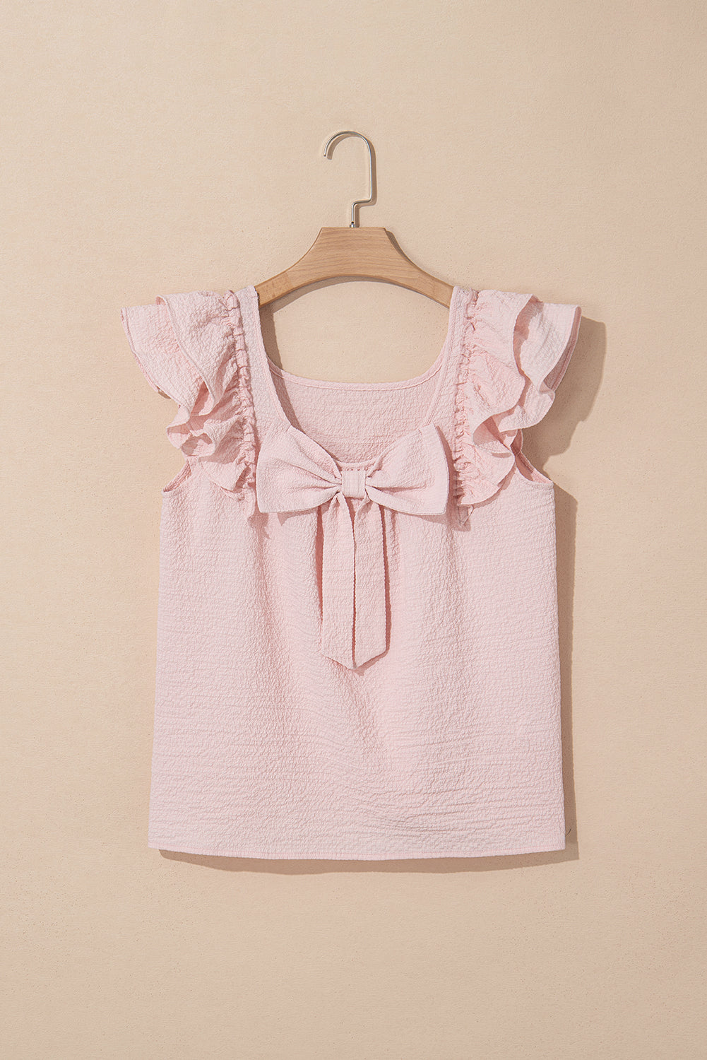 Textured Bow Back Frilled Butterfly Sleeve Blouse