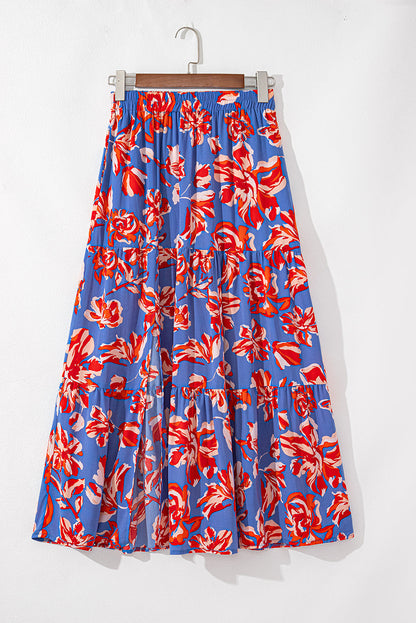 Boho Floral Side Slit Tiered Maxi Skirt
