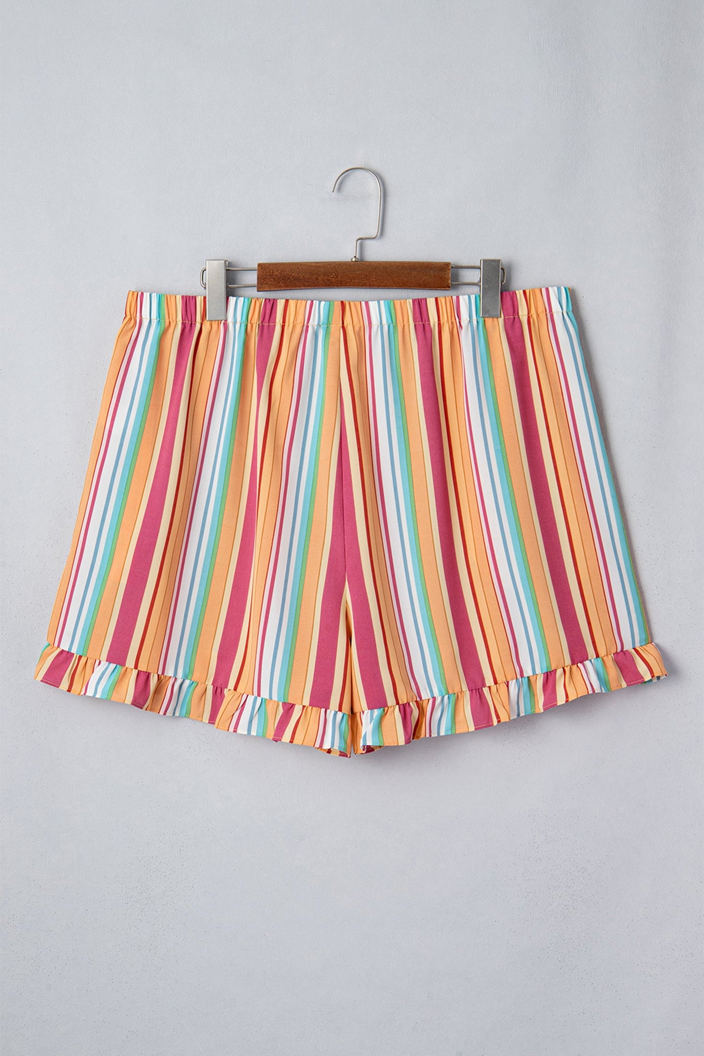Plus Size Stripe Elastic Waist Ruffle Hem Shorts
