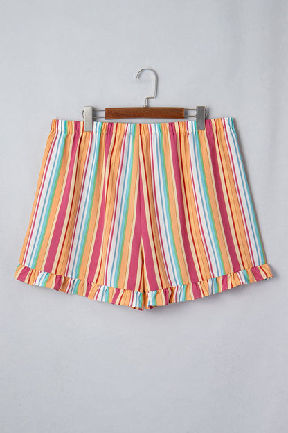 Plus Size Stripe Elastic Waist Ruffle Hem Shorts