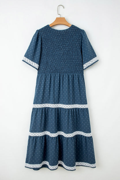 Plus Size Swiss Dot Lace Trim Flared Midi Dress