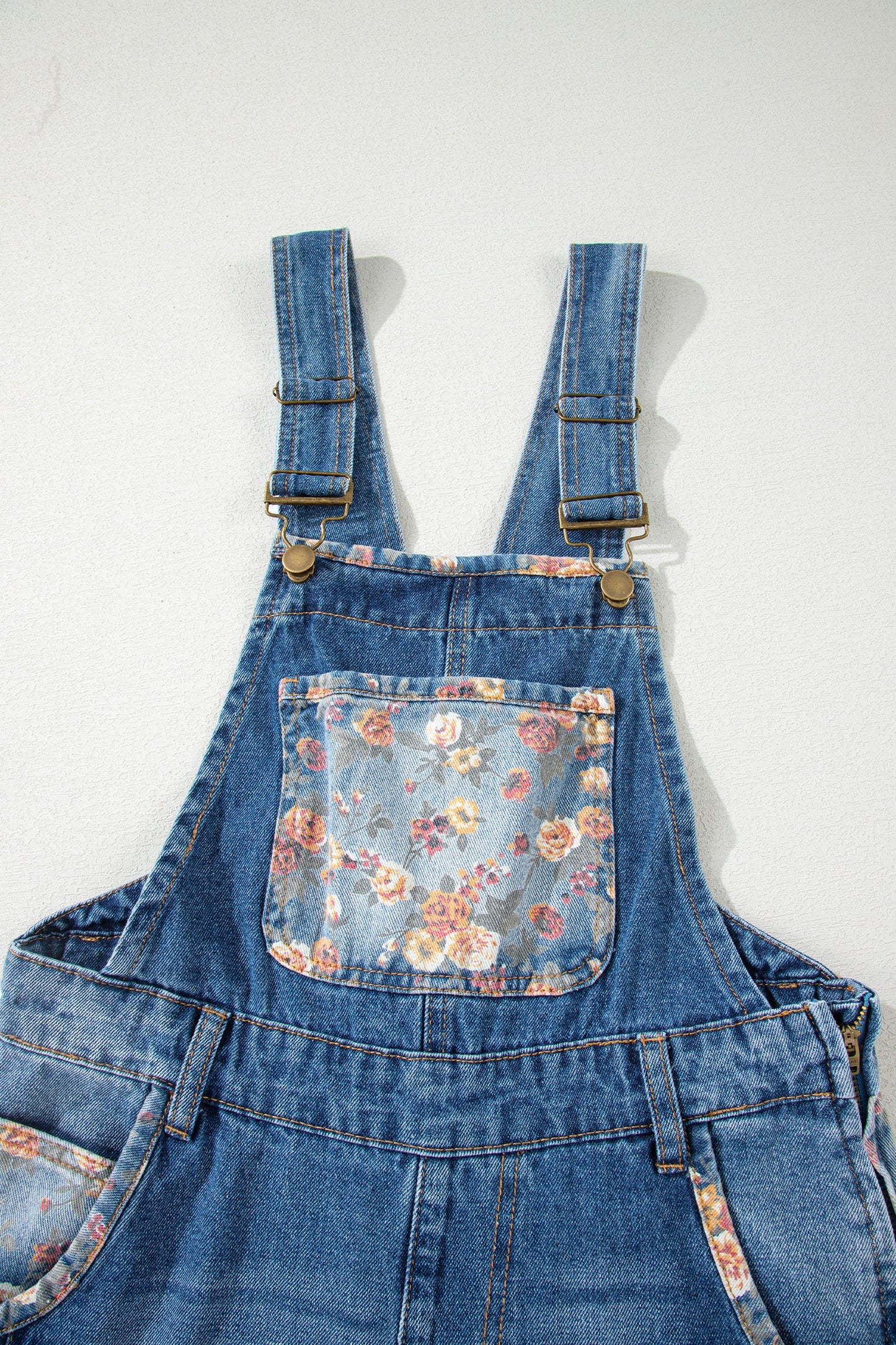Floral Patchwork Bib Wide Leg Denim Overalls
