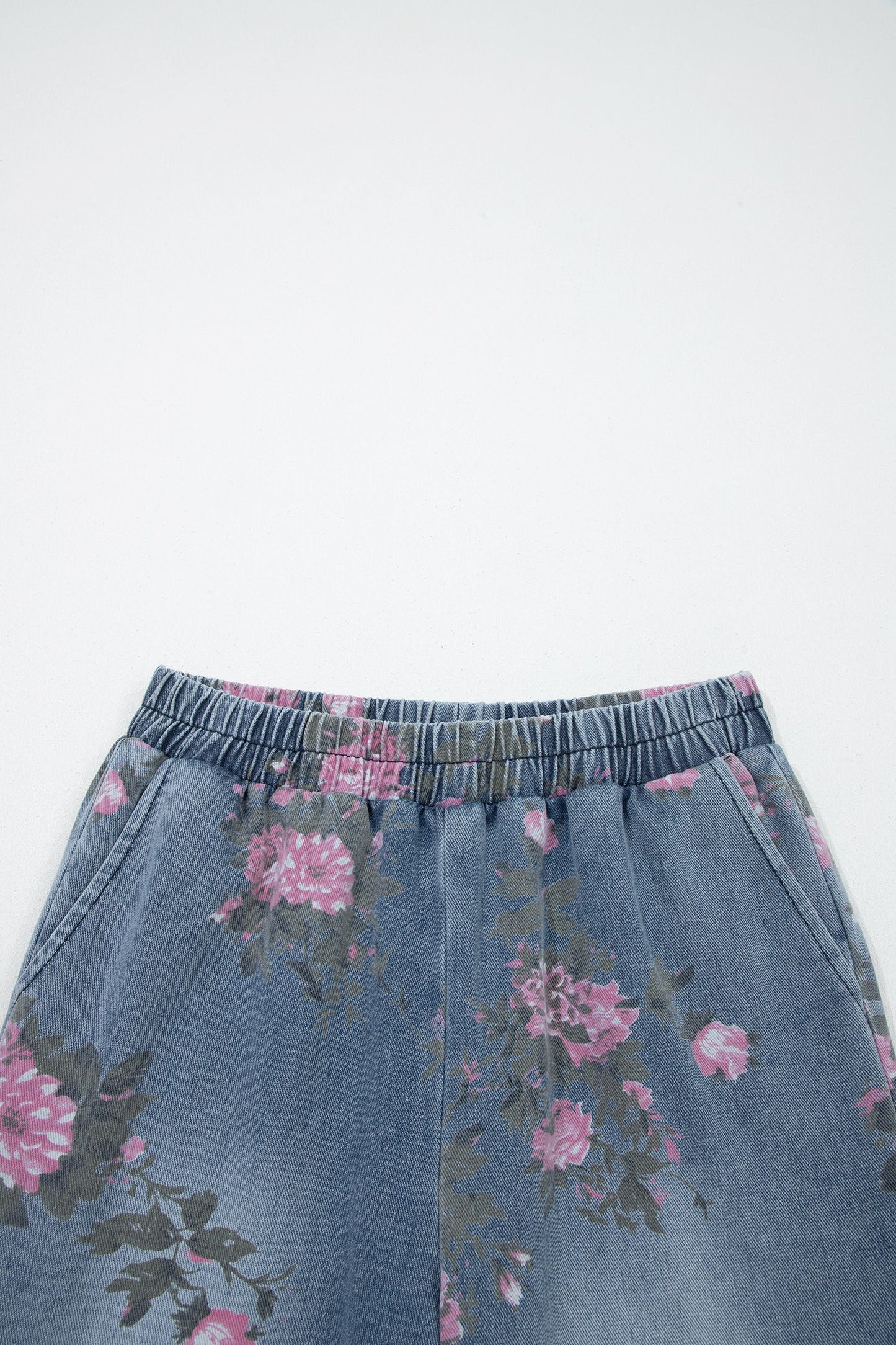 Floral Denim Elastic Waist Straight Leg Jeans