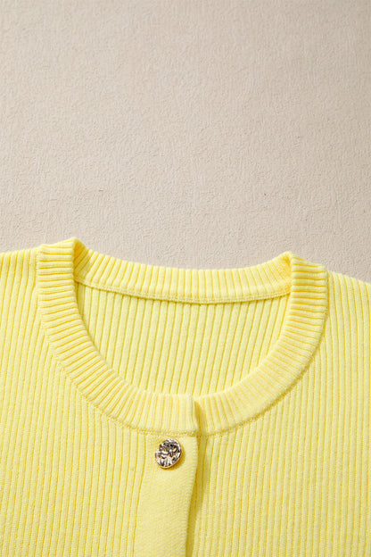 Solid Ribbed Frilled Short Sleeve Sweater Cardigan