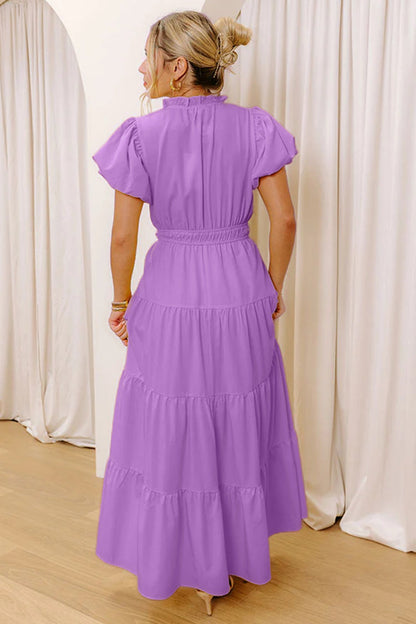 Solid V-Neck Short Puff Sleeve Tiered Maxi Dress