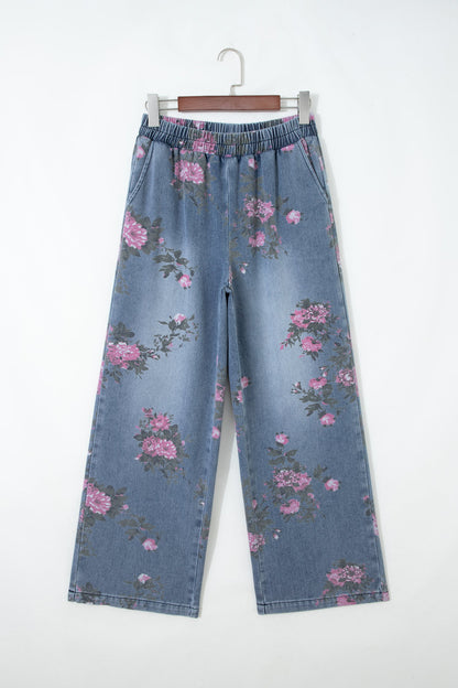Floral Denim Elastic Waist Straight Leg Jeans