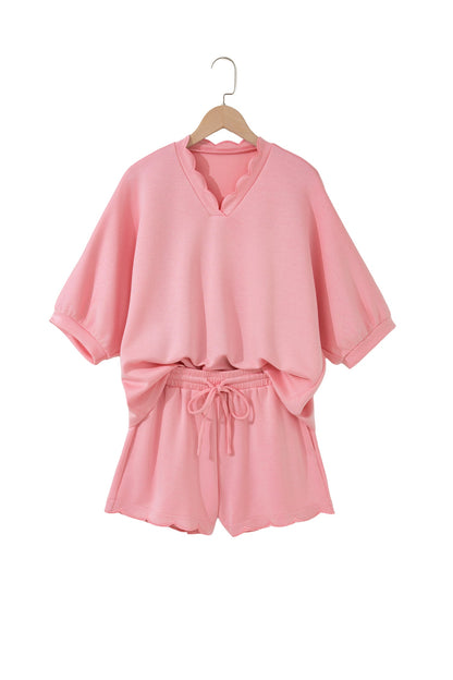 Scalloped V-Neck Dolman Top & Drawstring Short Set