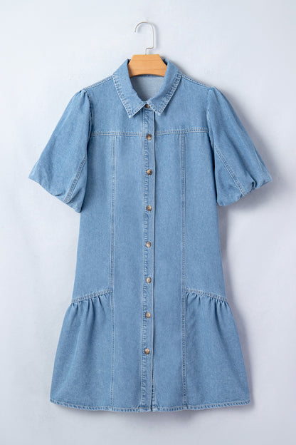 Denim Short Puff Sleeve Ruffle Hem Buttoned Dress