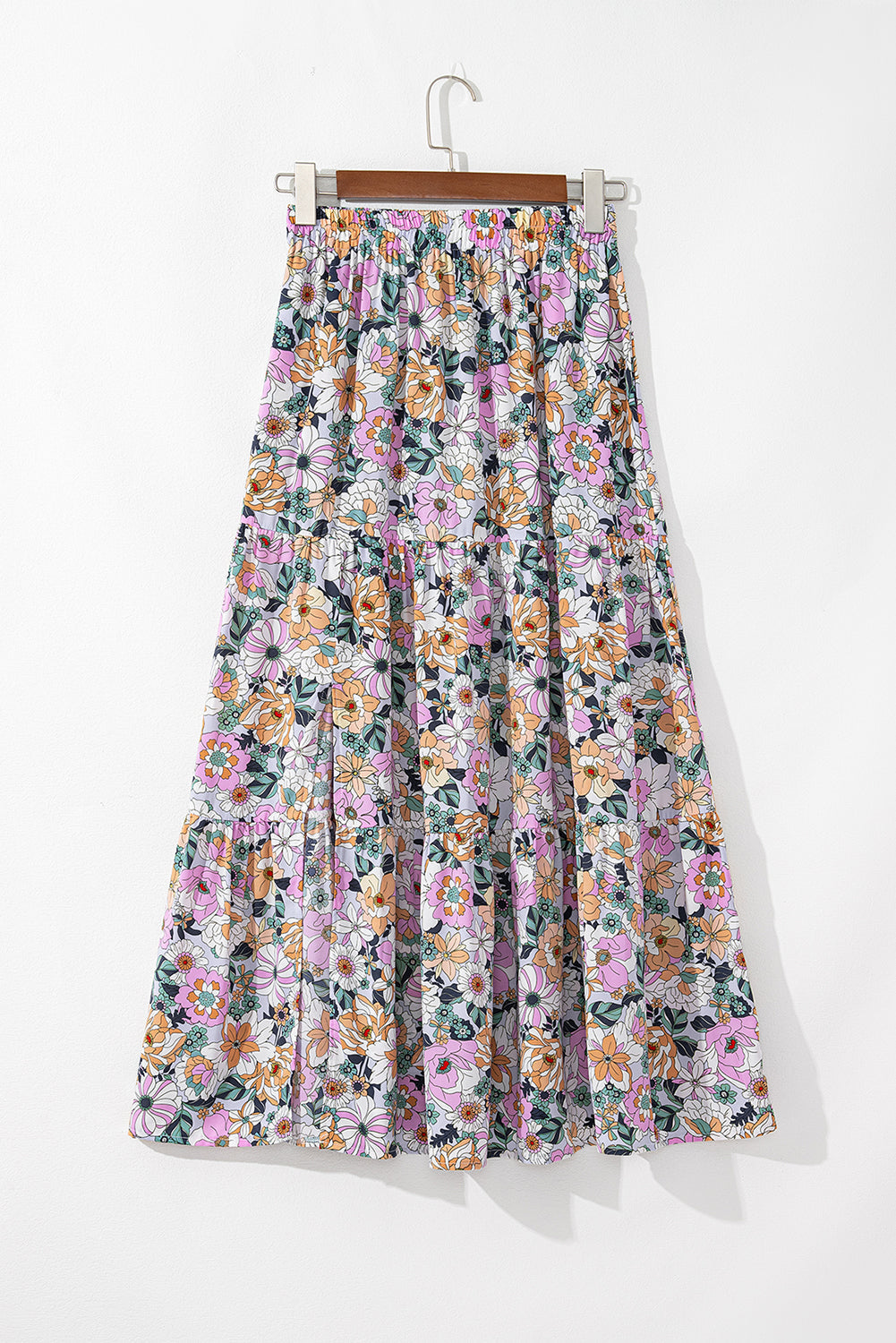 Boho Floral Side Slit Tiered Maxi Skirt