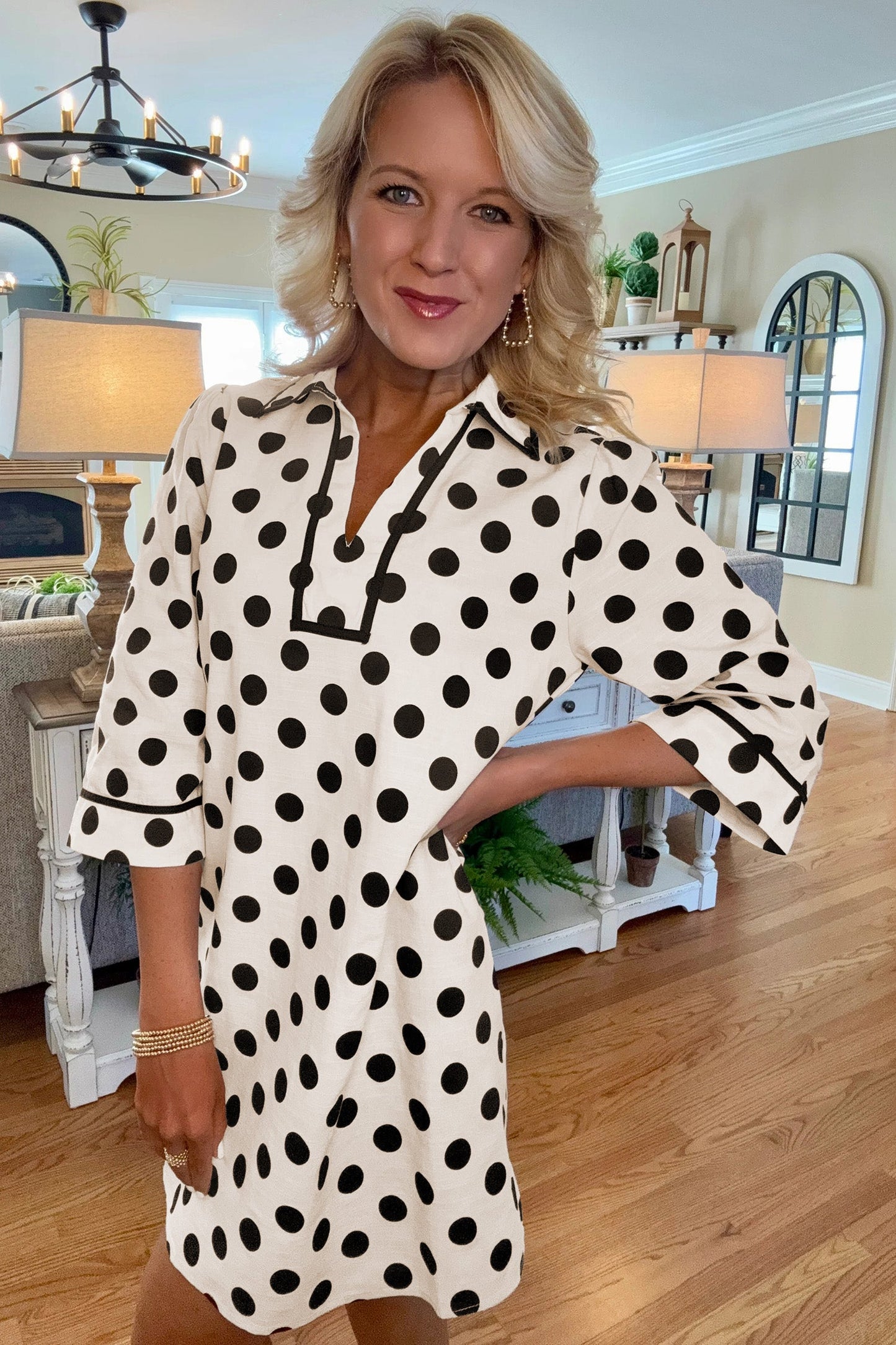 Polka Dot Collar V-Neck 3/4 Sleeve Pockets Mini Dress