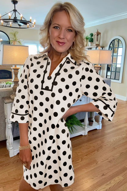 Polka Dot Collar V-Neck 3/4 Sleeve Pockets Mini Dress
