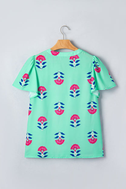 Floral Flutter Short Sleeve V-Neck Blouse