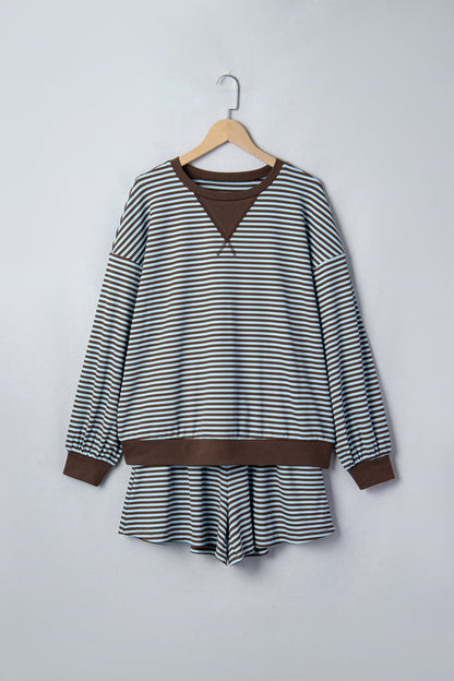 Stripe Oversized Long Sleeve Top & Drawstring Shorts Set