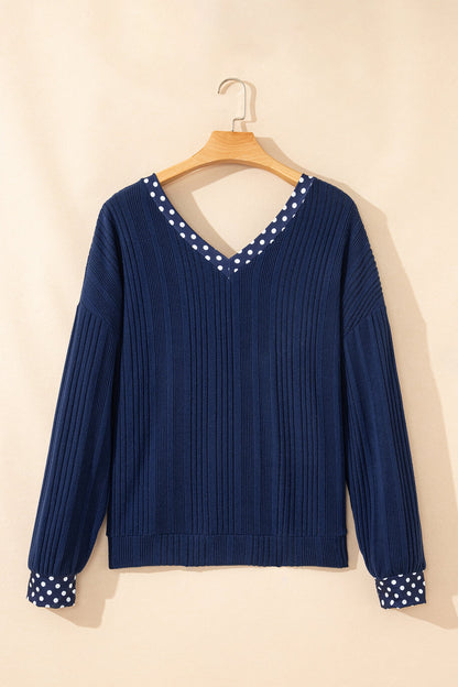 Polka Dot Patchwork Bow Tie V-Neck Top