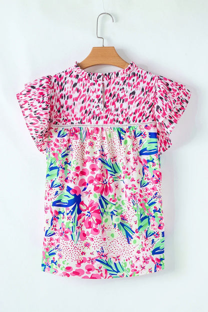 Floral Patchwork Ruffle Cap Sleeve Blouse