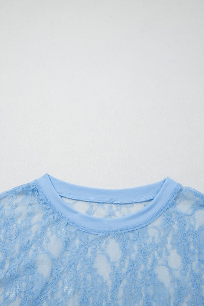 Solid Sheer Lace Short Sleeve Boxy Tee